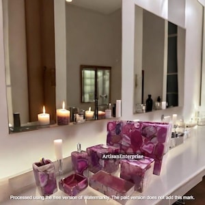 Pink Agate Bathroom Décor Set | Handmade Gemstone Vanity Accessories | Perfect for Elegant Home and Bathroom Styling