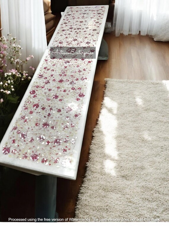 Handcrafted White Marble Table Top: Carnelian & Mother of Pearl Inlay