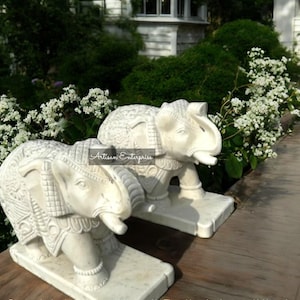 Exquisite Hand-Carved White Marble Elephant Statue – Elegant Trunk Up Elephant Pair for Timeless Home Decor Accent