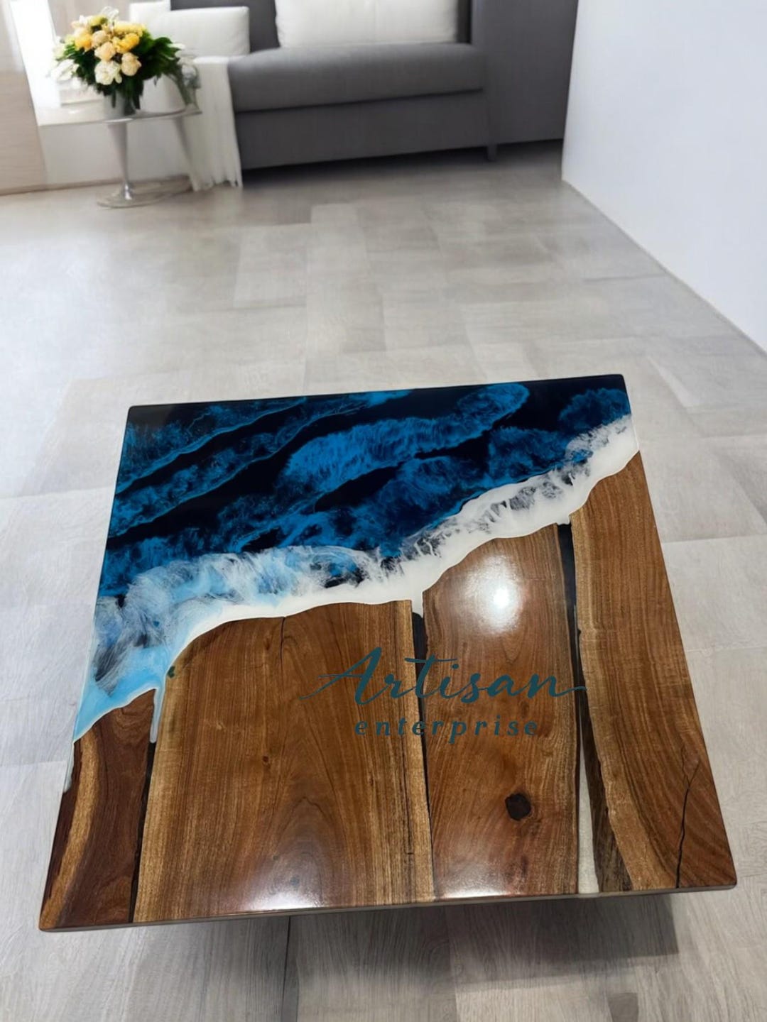 Square Ocean Wave Epoxy Resin Table – Handcrafted Coastal Art Tabletop ...