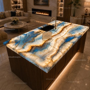 Blue Onyx Kitchen Countertop | Luxury Backlit Exotic Stone Slab