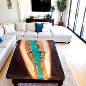 Handcrafted Epoxy Resin River Table – Live Edge Wood with Pebble Art– Unique Center Table For Modern Living Room Console Furniture Decors