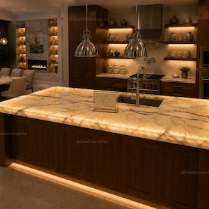 White Onyx Kitchen Island Countertop | Luxury Backlit Onyx Slab |