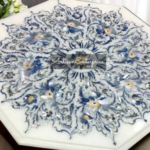 White Marble Octagon Coffee Table Top: Lapis Lazuli Inlay