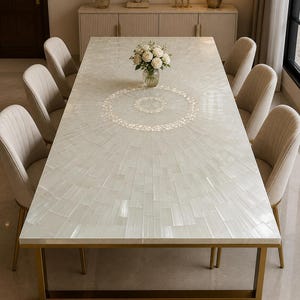 Mesa de comedor de mármol selenita hecha a mano / Pieza decorativa de mosaico de cristal, piedra blanca de lujo