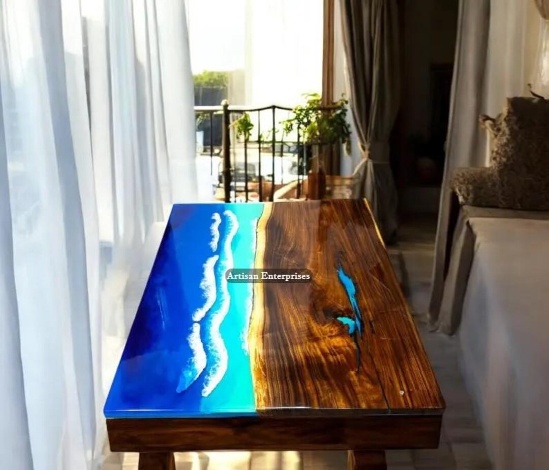 Blue Ocean Wave Epoxy Resin Dining Table, Handmade Acacia Wood Live ...