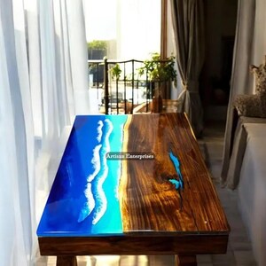 Handmade Acacia Wood Epoxy Resin Dining Table: Blue Ocean Wave, Live Edge