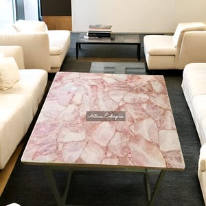 Rose Quartz Square Coffee Table Top handcrafted Living Room Corner Side Table | Crystal Healing Gemstone Mid Century Modern Arts Home Decors