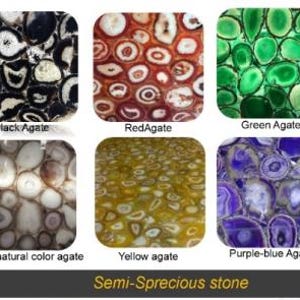 May include: A collection of semi-precious stones, including blue, black, red, and green agate, displayed in square tiles. The image also features natural color, lighter natural color, yellow, purple-blue, and wild agate. The text "Semi-Sprecious stone" is at the bottom.
