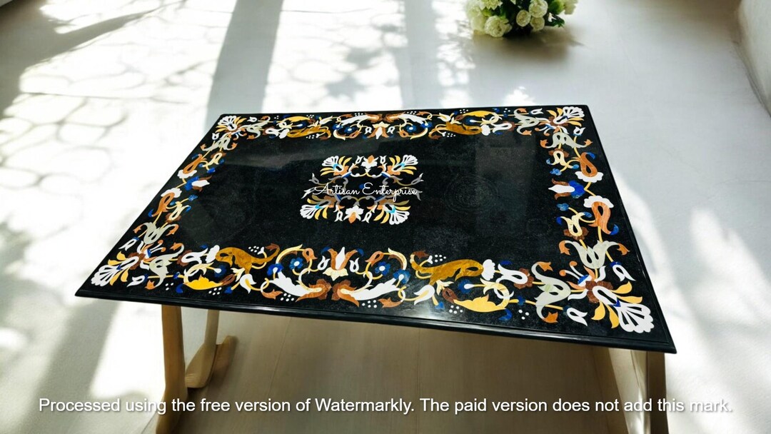 Elegant Black Marble Inlay Dining Table, Multi Stone Round Table ...