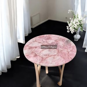 Pink Rose Quartz Coffee Table Top Round Centerpiece Handmade Furniture Crystal Healing Gemstone Accent for Elegant Home Interior Decor