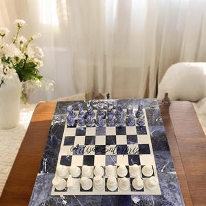 Handmade Sodalite Gemstone Chess Set: 12" Stone Game