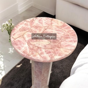 24&quot; Crystal Healing Rose Quartz Coffee Table Top With 28&quot; Stand Handmade Living Room Corner Side Table || Perfect For Housewarming Decor
