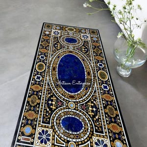 Black Marble Dining Table Top, Multi Stone Dining Table, Handmade Round Table, Custom Marble Inlay, Stone Table Home Decor