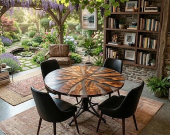 Mesa de comedor redonda de resina epoxi – Diseño de madera natural con borde natural, muebles de cocina modernos hechos a mano.