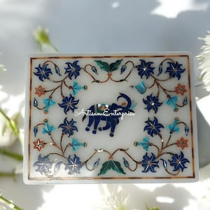 4&quot;x3&quot;x2&#39;&#39; Decorative White Marble Jewelry Box with Elephant Inlay Design– Handmade Storage Box for Jewelry and Memorable Gifts