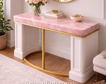 Consolle in quarzo rosa, tavolino d'ingresso in marmo rosa, tavolino da divano di lusso con pietre preziose, tavolino da corridoio di design, mobili moderni in pietra