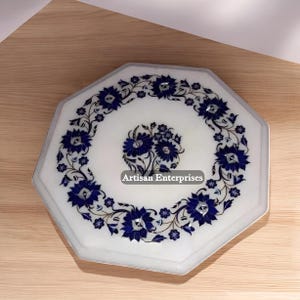 Handmade White Marble Coffee Table: Lapis Lazuli Floral Inlay