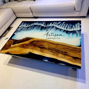 Handmade Ocean Resin Dining Table: Live Edge Wood Epoxy Wave