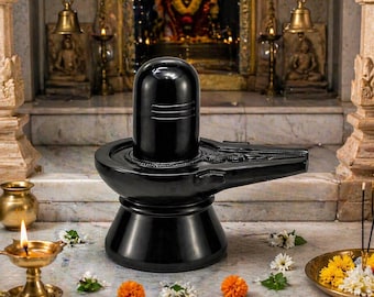 Shivling in marmo nero / Statua artigianale del Signore Shiva Lingam, statua in pietra per la puja