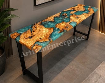 Mesa consola de resina epoxi con borde natural, sofá de entrada y recibidor de madera y resina hecho a mano.