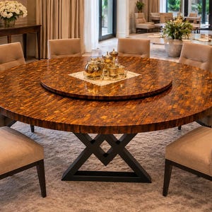 Peut inclure: Une grande table à manger ronde avec un plateau en bois semblable à une mosaïque et une base sombre et géométrique. Huit chaises rembourrées entourent la table. Un plateau tournant est au centre, contenant de la verrerie décorative. La pièce a des tons neutres et de la lumière naturelle.