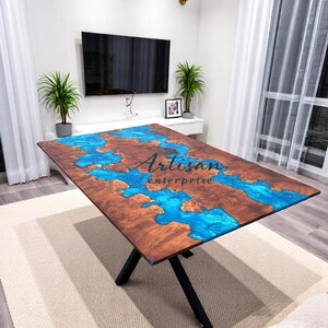Ocean Wave Dining Table – Epoxy Resin River Table with Live Edge Wood for Coastal-Inspired Interiors Live edge Furniture Hallway Decors