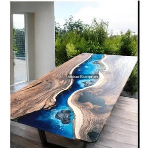 Handmade Ocean Wave Epoxy Resin Table: Live Edge Wood Slab