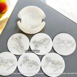 White Marble Coaster Set with Tiger Inlay - Handmade Stone Drink Coasters with Holder Mother of Pearl Art - Unique Gift for Mother