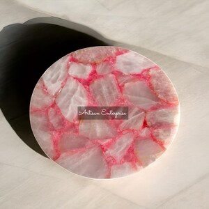 Handmade Crystal Rose Quartz Gemstone Round Table Top || Modern Living Room Corner Side And Garden Table Furniture Decor.