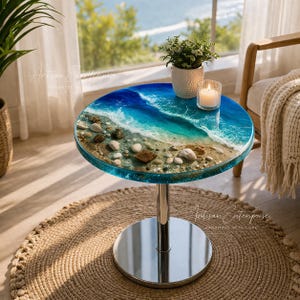 Mesa auxiliar de resina epoxi con diseño de olas marinas / Mesa de centro playera de resina hecha a mano con piedras de arena