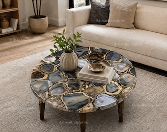 Black Agate Coffee Table Top – Round Luxury Gemstone Center Table