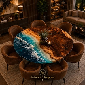 Puede incluir: Una mesa de comedor redonda con una superficie de veta de madera natural y una incrustación de resina azul que imita las olas del océano y la espuma blanca. Seis sillas tapizadas en marrón con patas de metal oscuro rodean la mesa.