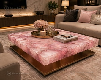 Luxury Rose Quartz Coffee Table Top | Square Gemstone Living Room Center Table
