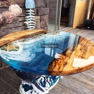 Ocean Effect Epoxy Resin Round Table, Sea-Inspired River Table Top, Living Room Centerpiece, Unique Interior Decor