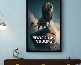 Success is Loving Your Journey Wall Art, Daily Inspiration Art, Lion Print Motivation Canvas, Modern Home Decor Gift, Printed on Black Frame