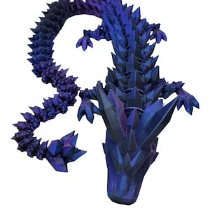 May include: A 3D printed dragon figurine with a blue and purple iridescent finish. The dragon has a long, spiky tail and a detailed head with sharp teeth.