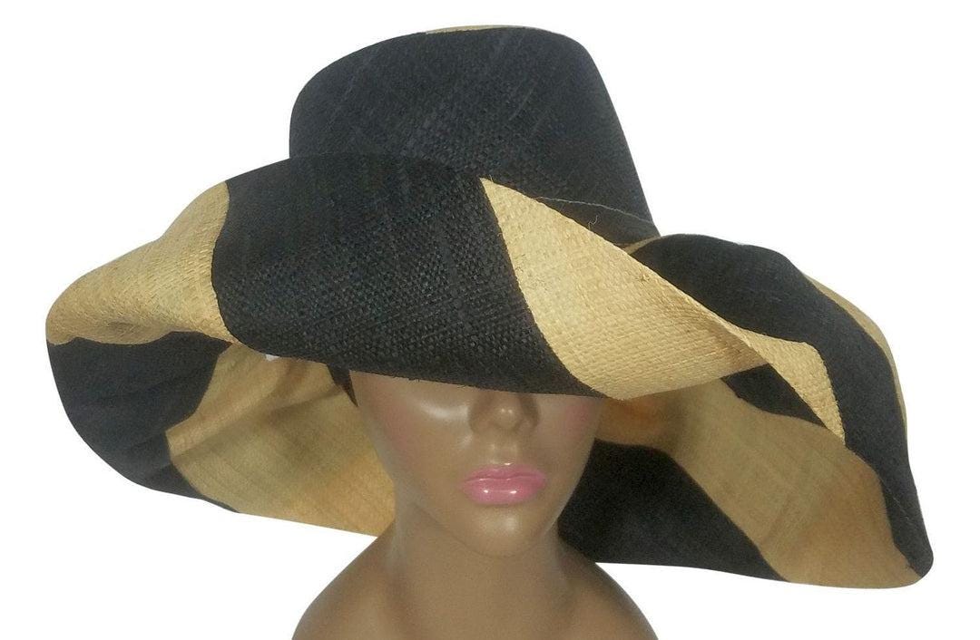 NWT VTG Deadstock Hat Sun Straw Panama Black Handwoven Raffia Madagascar Travel Madagascar Wide Brim Sun Hat – Gitzell FairTrade main image 2