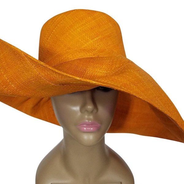 Hand Woven Madagascar Big Brim Raffia Sun Hat (59 cm, Adjustable, Light Orange)