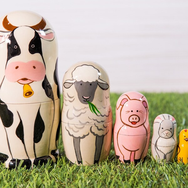 Farm animals nesting set matryoshka dolls hand crafted wooden toy. Stacking set Cow, sheep, pig, bunny chick kids room decor holiday gift