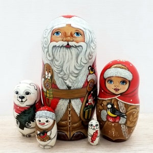 5&quot; nesting set Santa with bag of toys, grandchild, snowman and forest friends gathered handmade toy holiday decor Xmas birthday gift.