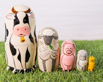 Farm Animals Nesting Set Matryoshka Dolls Hand Crafted Wooden Toy