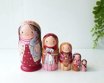 Hand Painted Nesting Dolls: Matryoshka Set with Toys, 4" 5-Piece