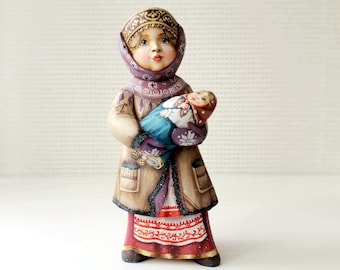 8-1/2" height Wooden statuette hand carved, hand painted figure peasant little girl in winter coat with toy birthday holiday gift roomdecor.