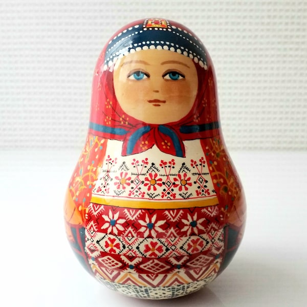 5-1/2" round shape tilting doll like matryoshka doll hand made wooden roly-poly chime figure bell sound toy room decor birthday holiday gift