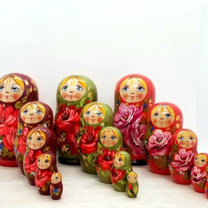 Hand crafted wooden Russian matryoshka nesting dolls. 4-1/2&quot; height. Handmade toy, birthday gift kids room decor holiday