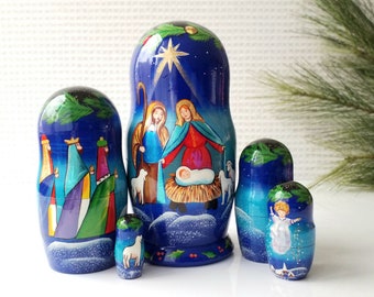 Nativity with wreath hand painted matryoshka nesting dolls set 5pcs wooden kids toy holiday room decor gift for any occasion
