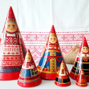 Folk costumes matryoshka nesting dolls 7-1/2&quot; Conical shape hand painted wooden dolls toys room decor collectables anniversary birthday gift