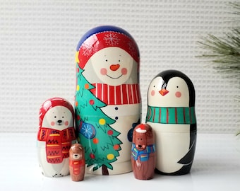 Hand Painted Snowman Nesting Doll Set: Christmas Tree, Penguin, Bear, Deer