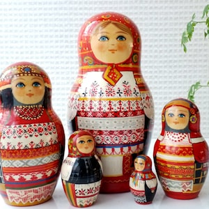 Folk costumes matroshka nesting dolls 6-1/2&quot; signed Babushka hand painted wooden dolls toy room decor collectables anniversary birthday gift